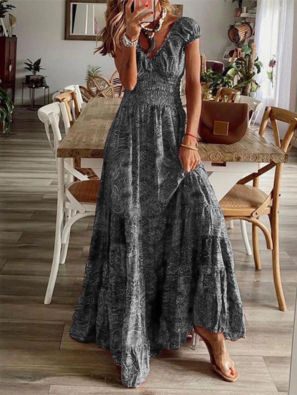 Full Size Smocked Printed V-Neck Short Sleeve Dress | STAHlin RADIANCE
