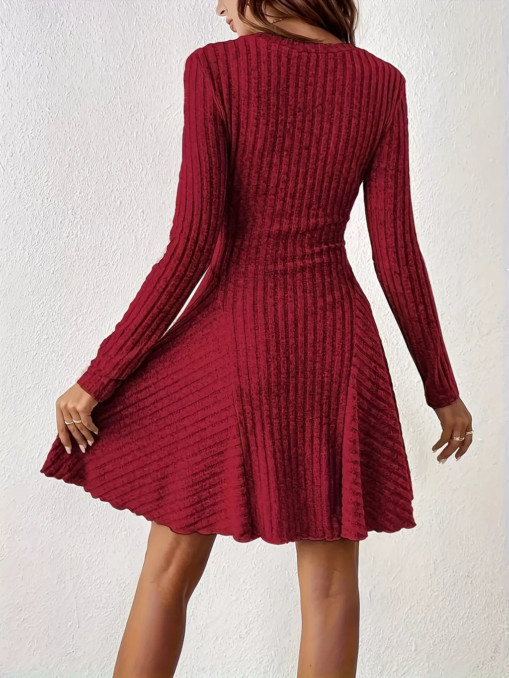 V-Neck Ribbed Knit Flared Knit Dress | STAHlin RADIANCE