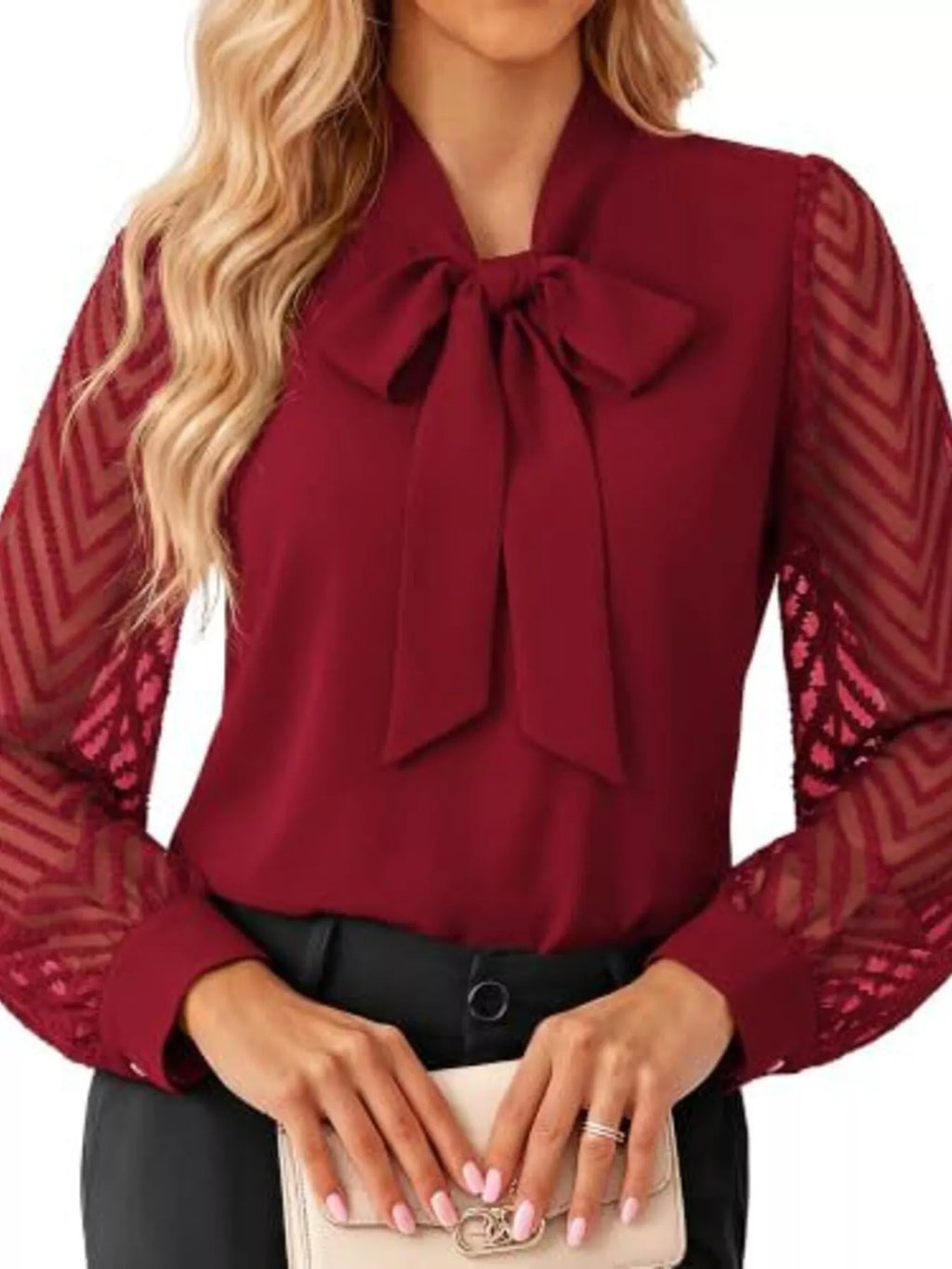 Bow-Tie Blouse with Sheer Chevron Long Sleeves | STAHlin RADIANCE