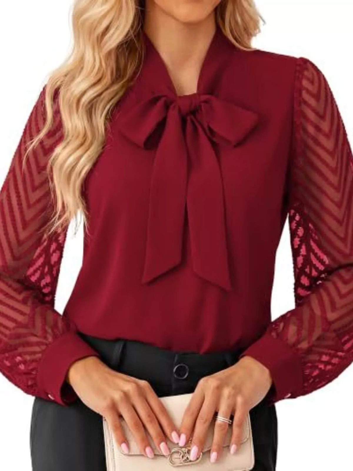 Bow-Tie Blouse with Sheer Chevron Long Sleeves | STAHlin RADIANCE