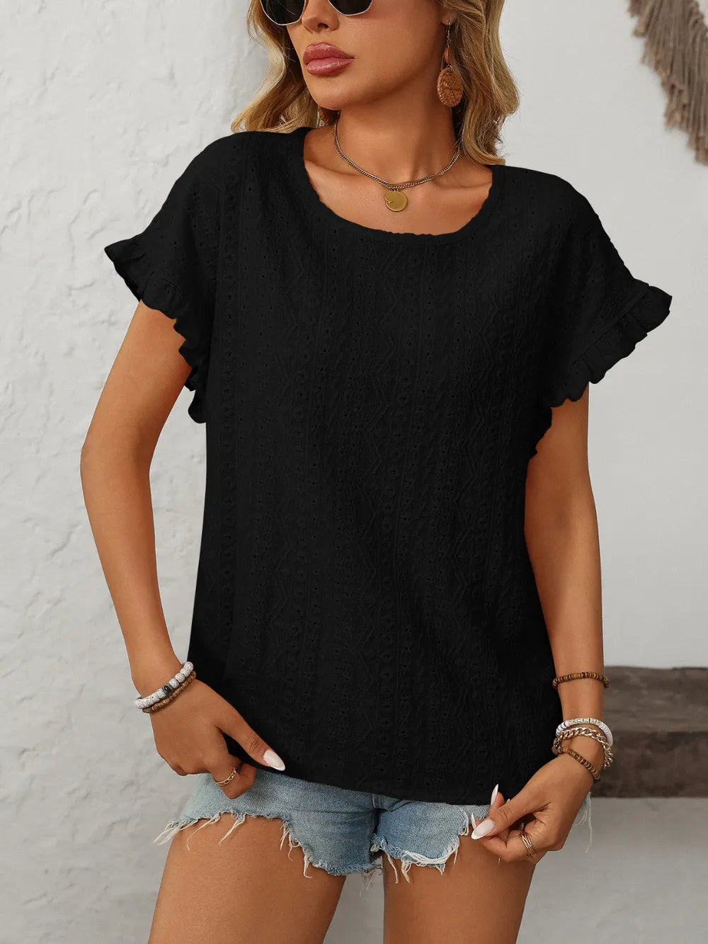 Mandy Eyelet Round Neck Short Sleeve Top | STAHlin RADIANCE