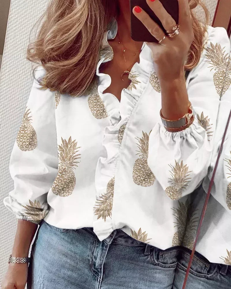 Full Size Printed V-Neck Blouse with Ruffled Plus Size | STAHlin RADIANCE