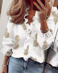 Full Size Printed V-Neck Blouse with Ruffled Plus Size | STAHlin RADIANCE