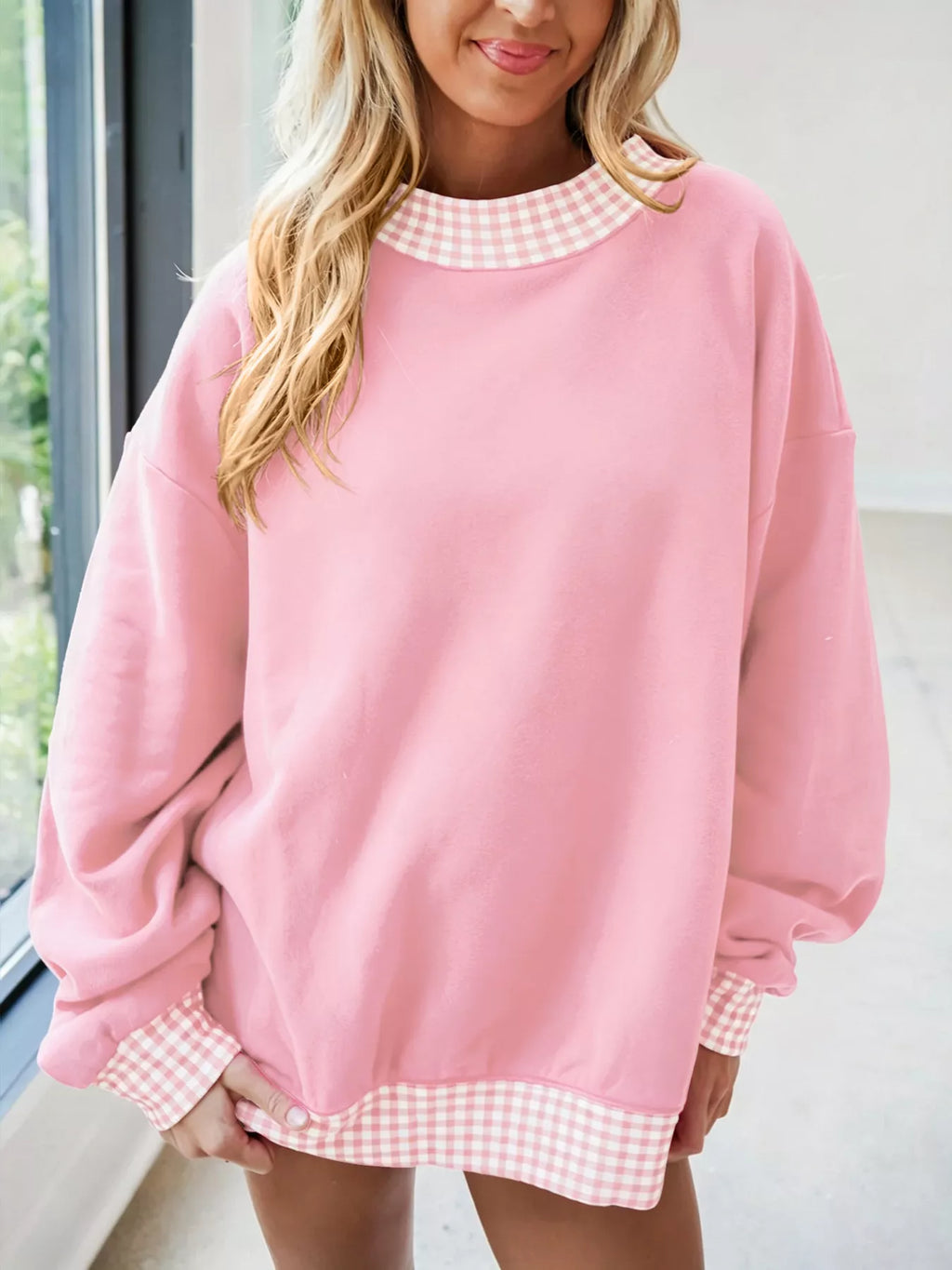 Gingham Trim Dropped Shoulder Sweatshirt | STAHlin RADIANCE
