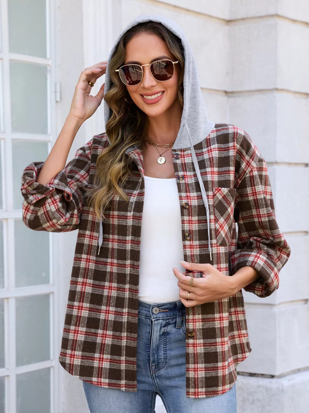 Hooded Plaid Button-Up Shacket | STAHlin RADIANCE