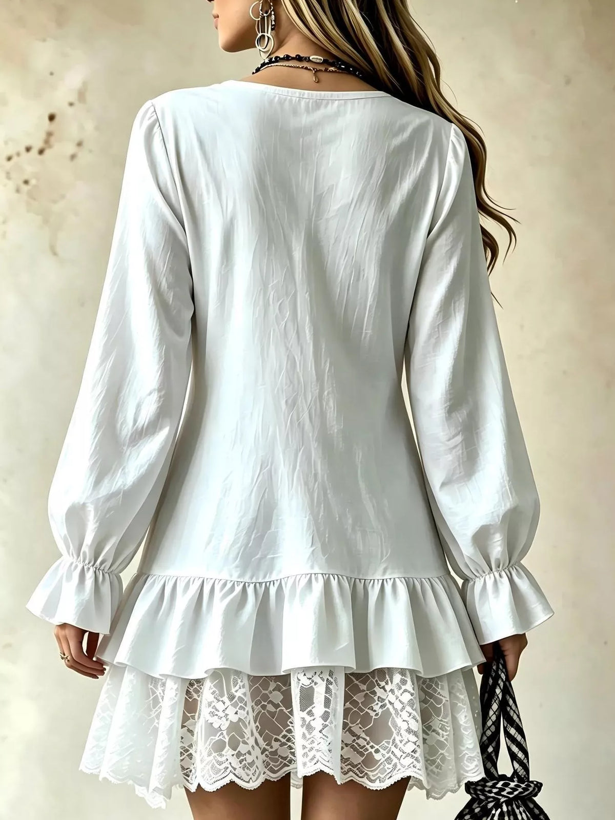 V-Neck Long Sleeve Ruffle Hem Lace Detail Dress | STAHlin RADIANCE