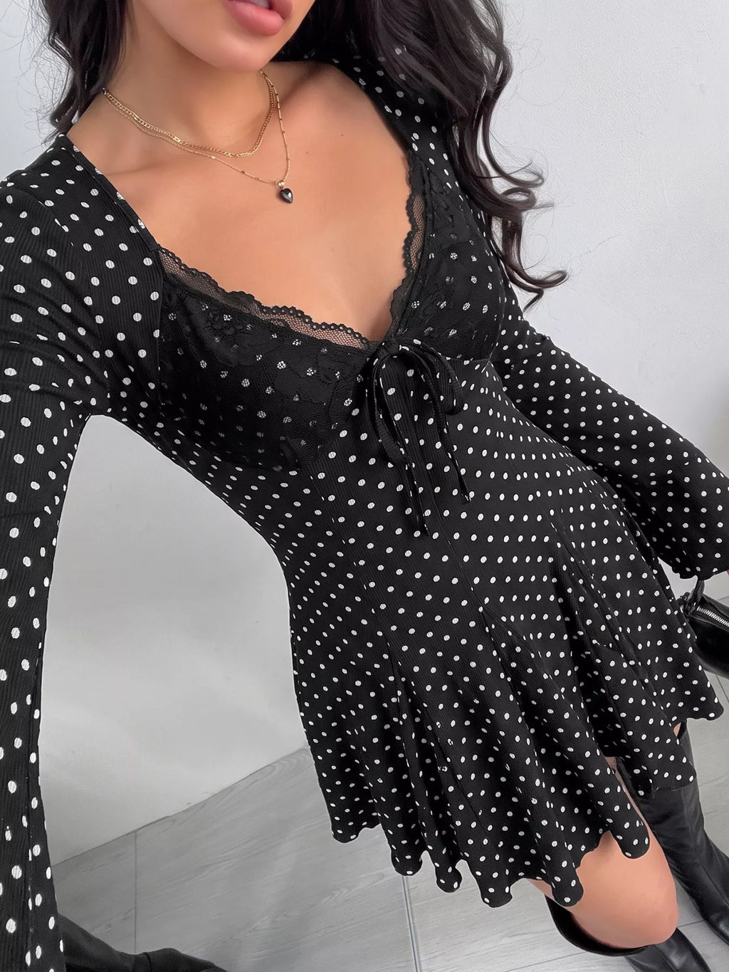 Polka Dot Lace Trimmed V-Neck Mini Dress | STAHlin RADIANCE