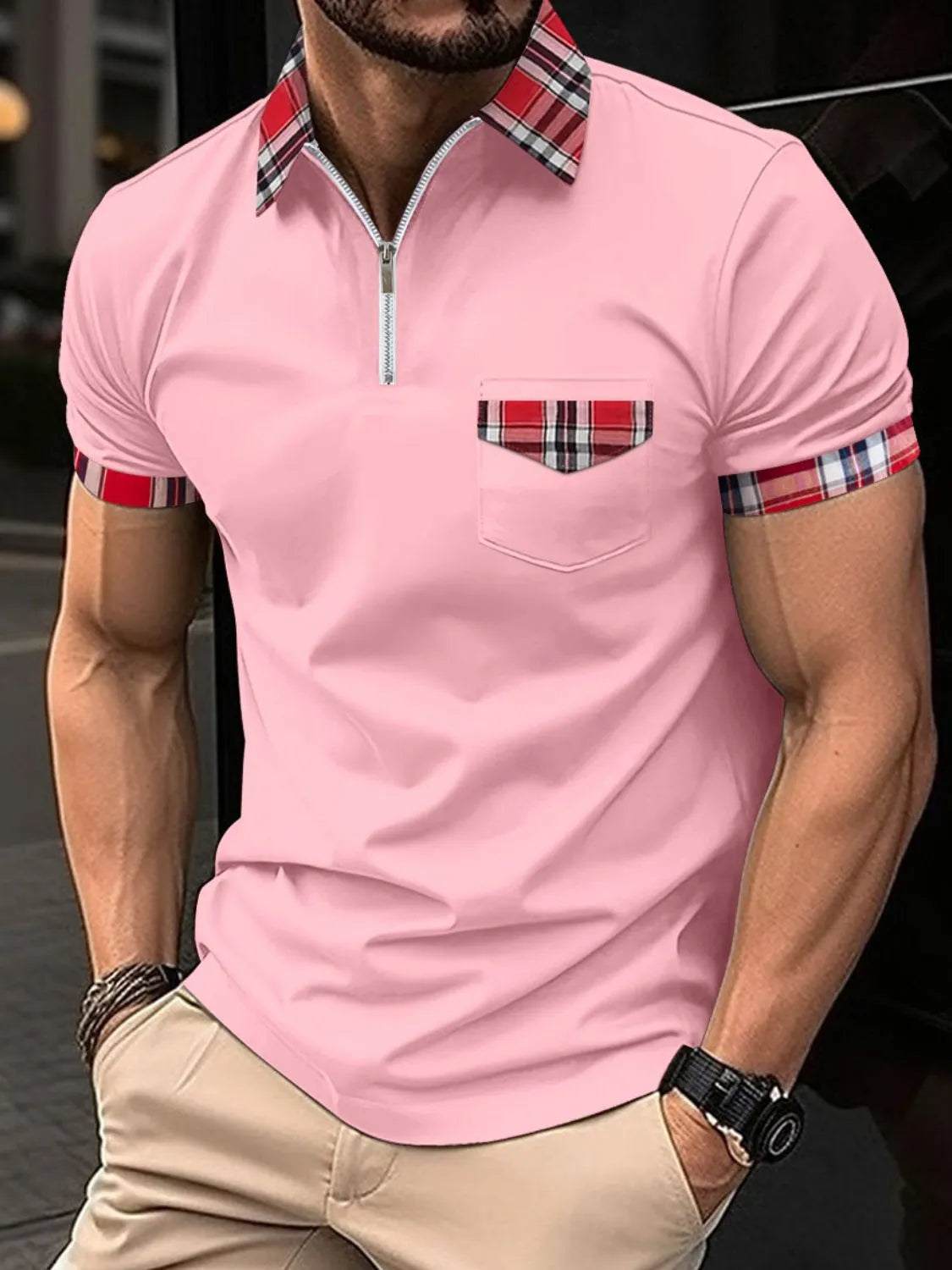 Men's Full Size Zip Collar Short Sleeve Polo Plus Size | STAHlin RADIANCE