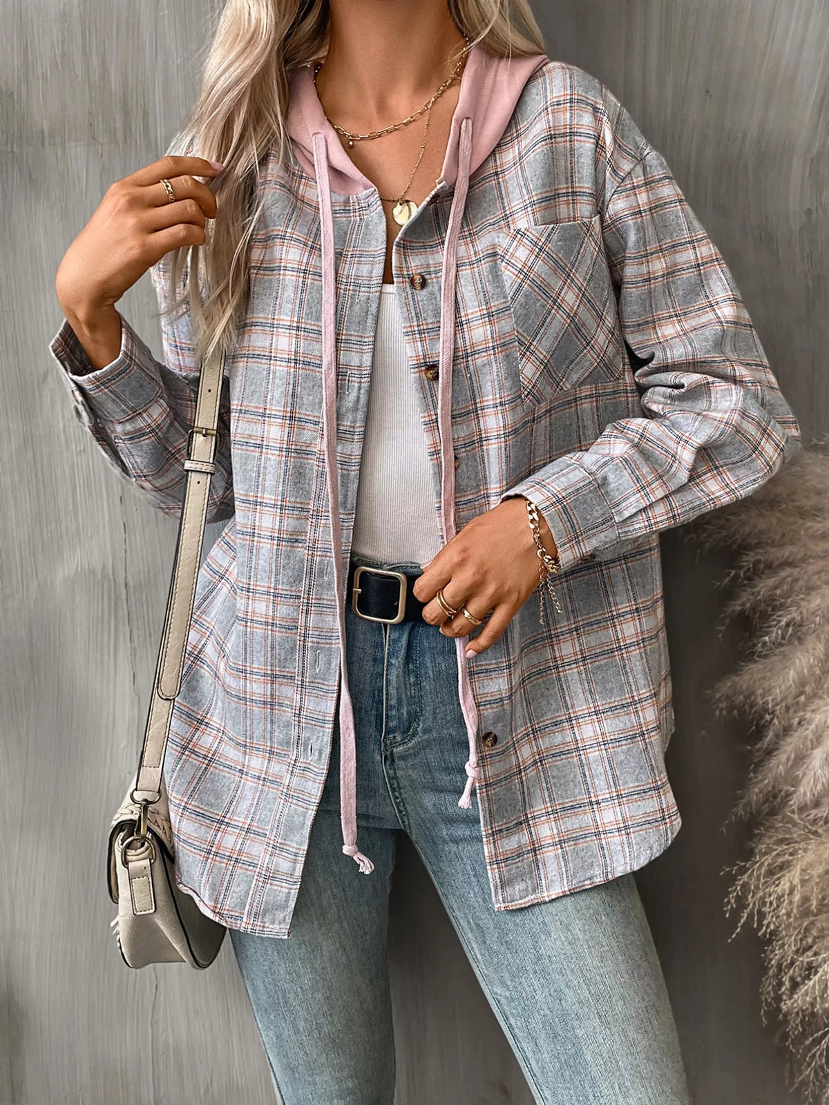 Plaid Button-Up Hooded Shirt with Chest Pocket | STAHlin RADIANCE