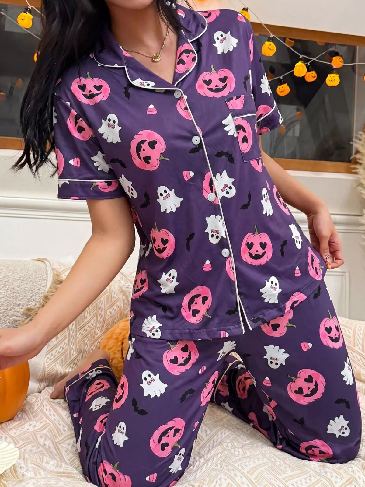 Halloween Pumpkin Print Button-Down Top and Pants Set | STAHlin RADIANCE