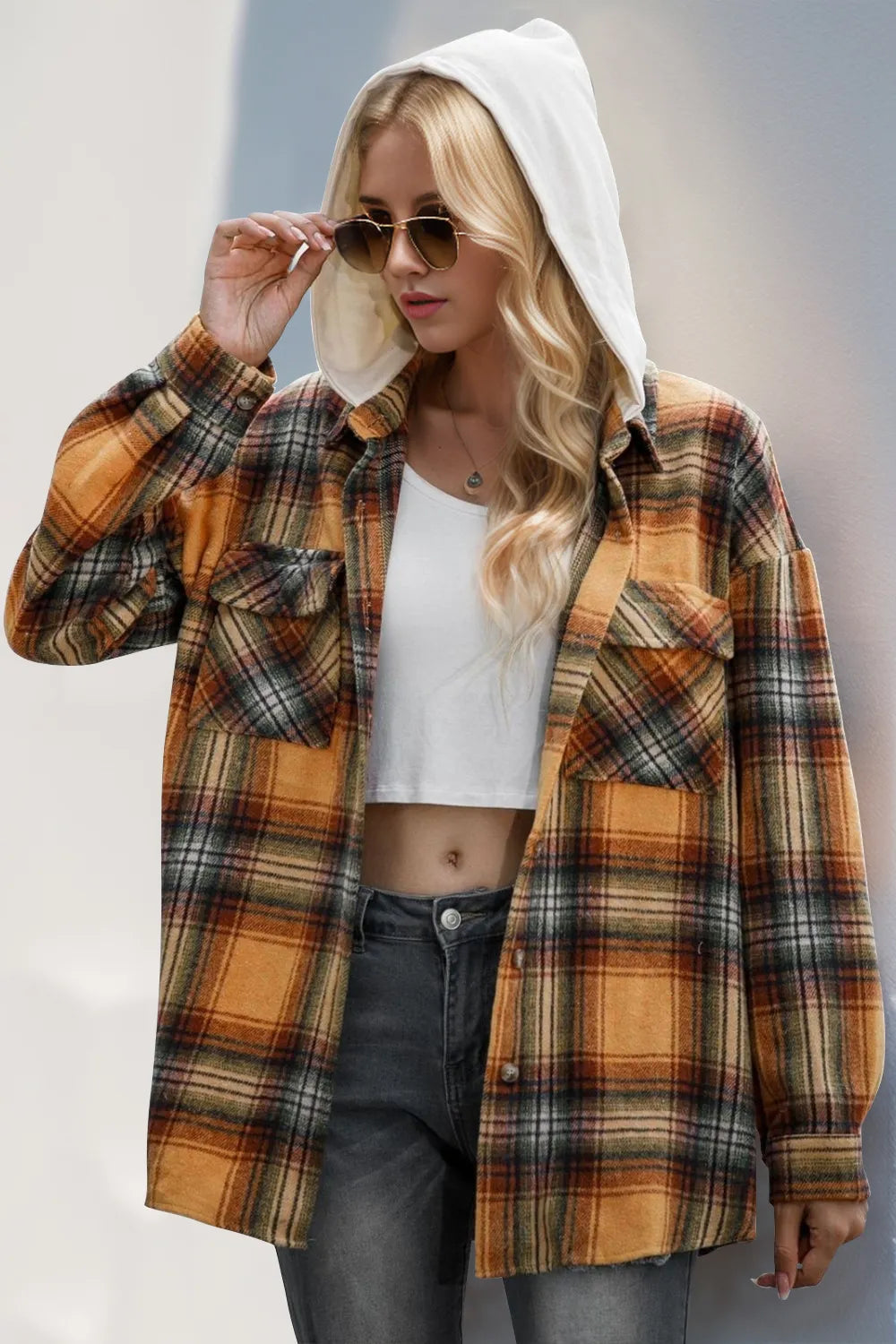 Double Take Drawstring Plaid Long Sleeve Hooded Shacket | STAHlin RADIANCE