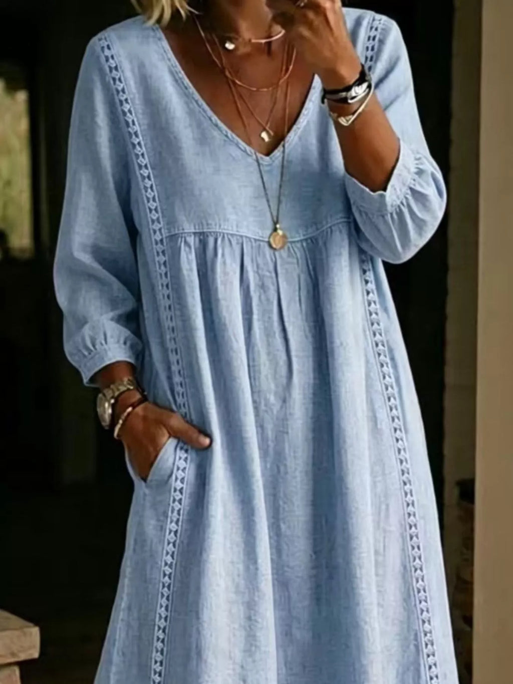 Full Size Lace Trim Long Sleeve Midi Dress Plus Size | STAHlin RADIANCE