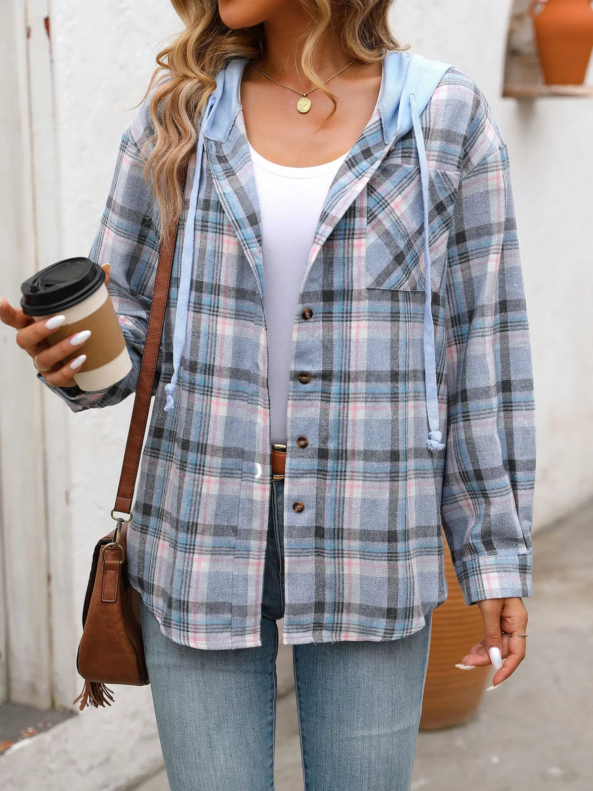 Plaid Button-Up Hooded Shirt with Chest Pocket | STAHlin RADIANCE