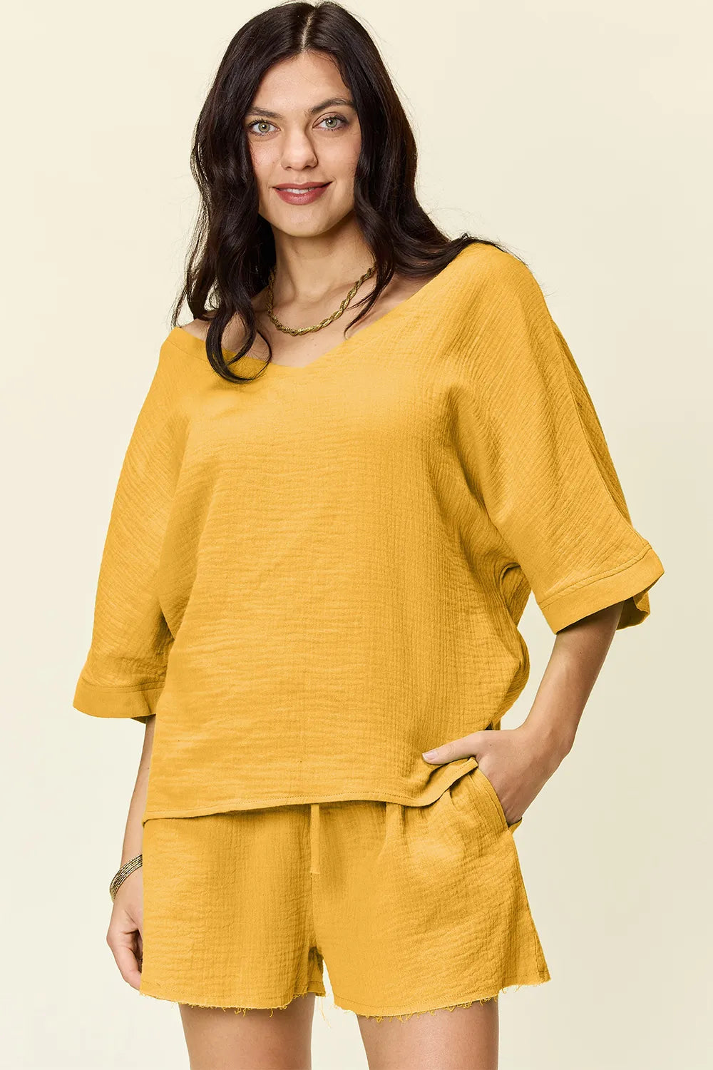 Double Take Texture Half Sleeve T-Shirt and Drawstring Shorts Set | STAHlin RADIANCE