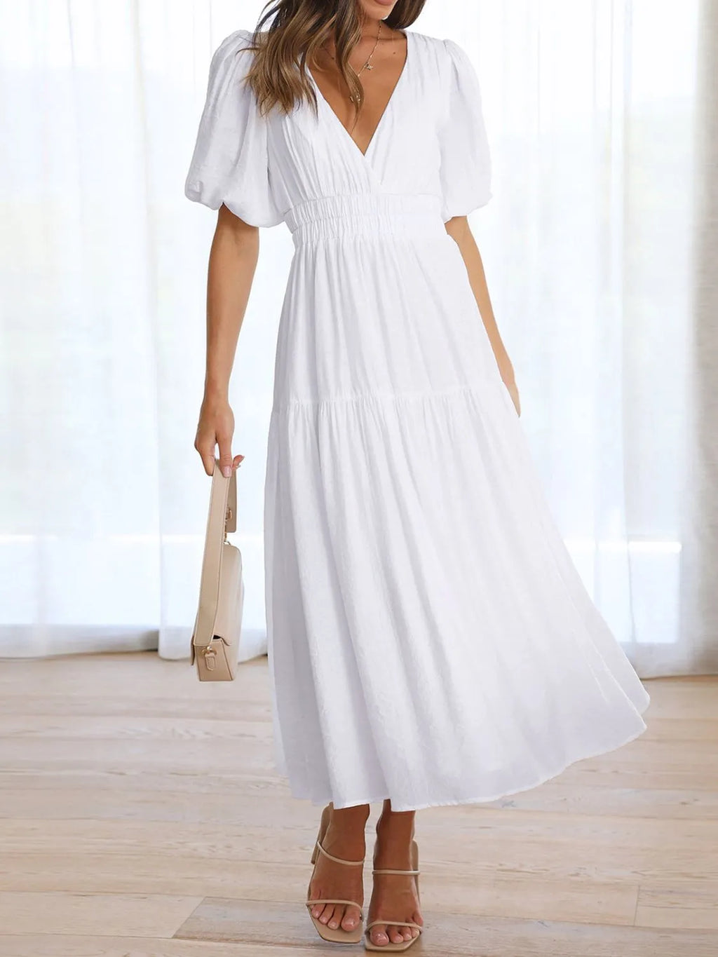 V-Neck Puff Sleeve Midi Dress | STAHlin RADIANCE