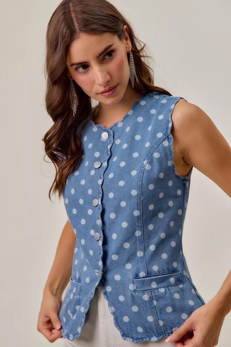 SO ME Polka Dot Denim Scallop Edge Button Down Vest Top | STAHlin RADIANCE