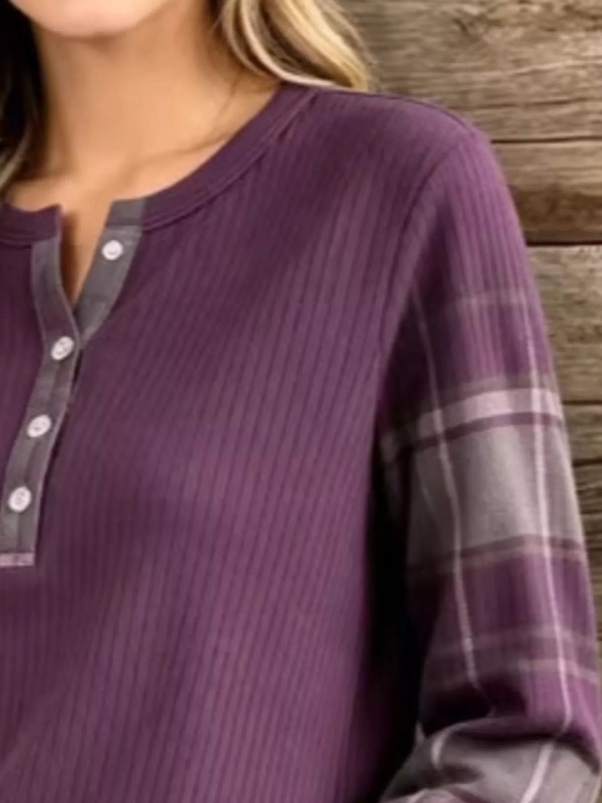 Full Size Ribbed Knit Henley T-Shirt with Plaid Contrast Sleeves Plus Size | STAHlin RADIANCE