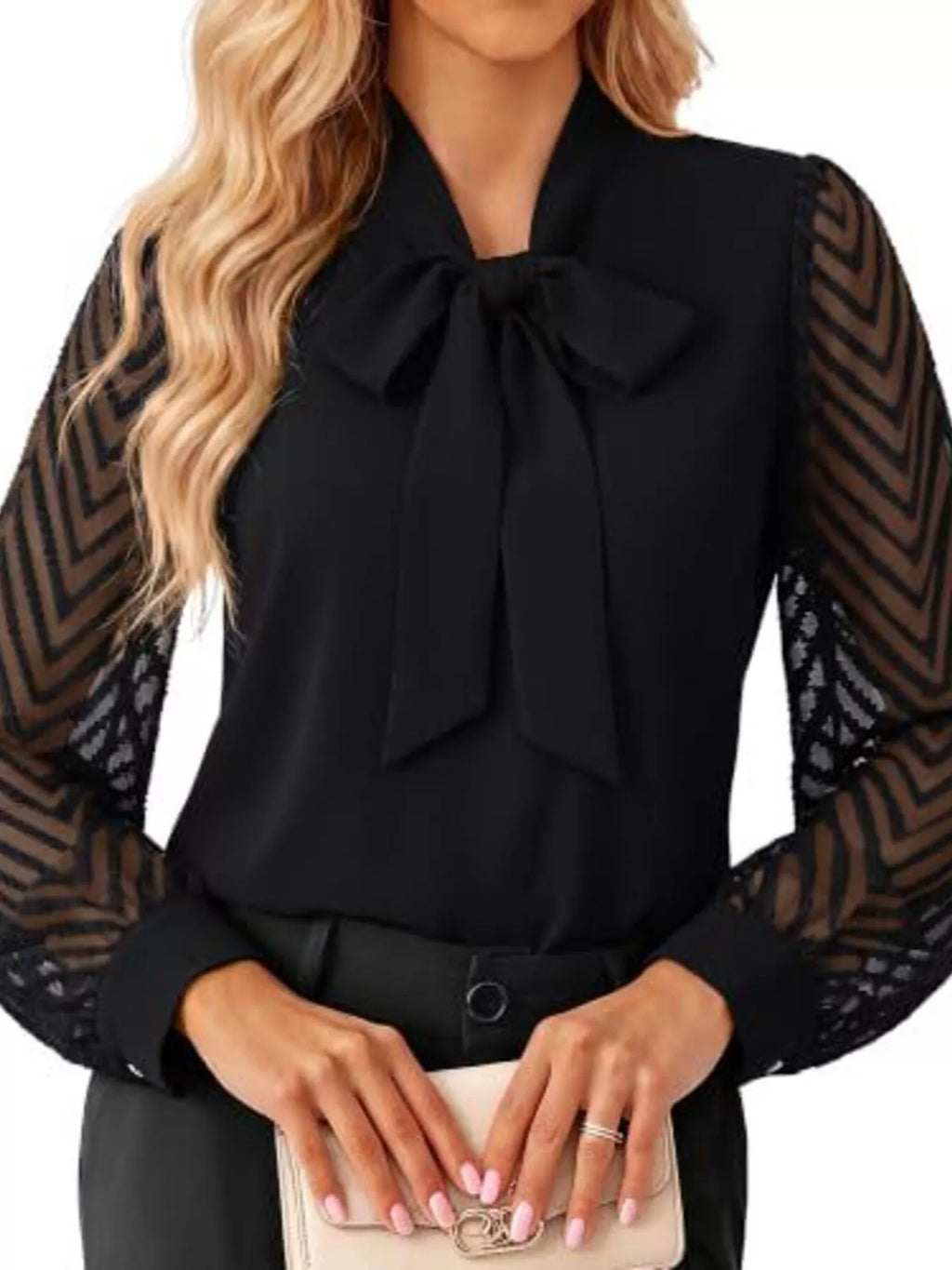 Bow-Tie Blouse with Sheer Chevron Long Sleeves | STAHlin RADIANCE