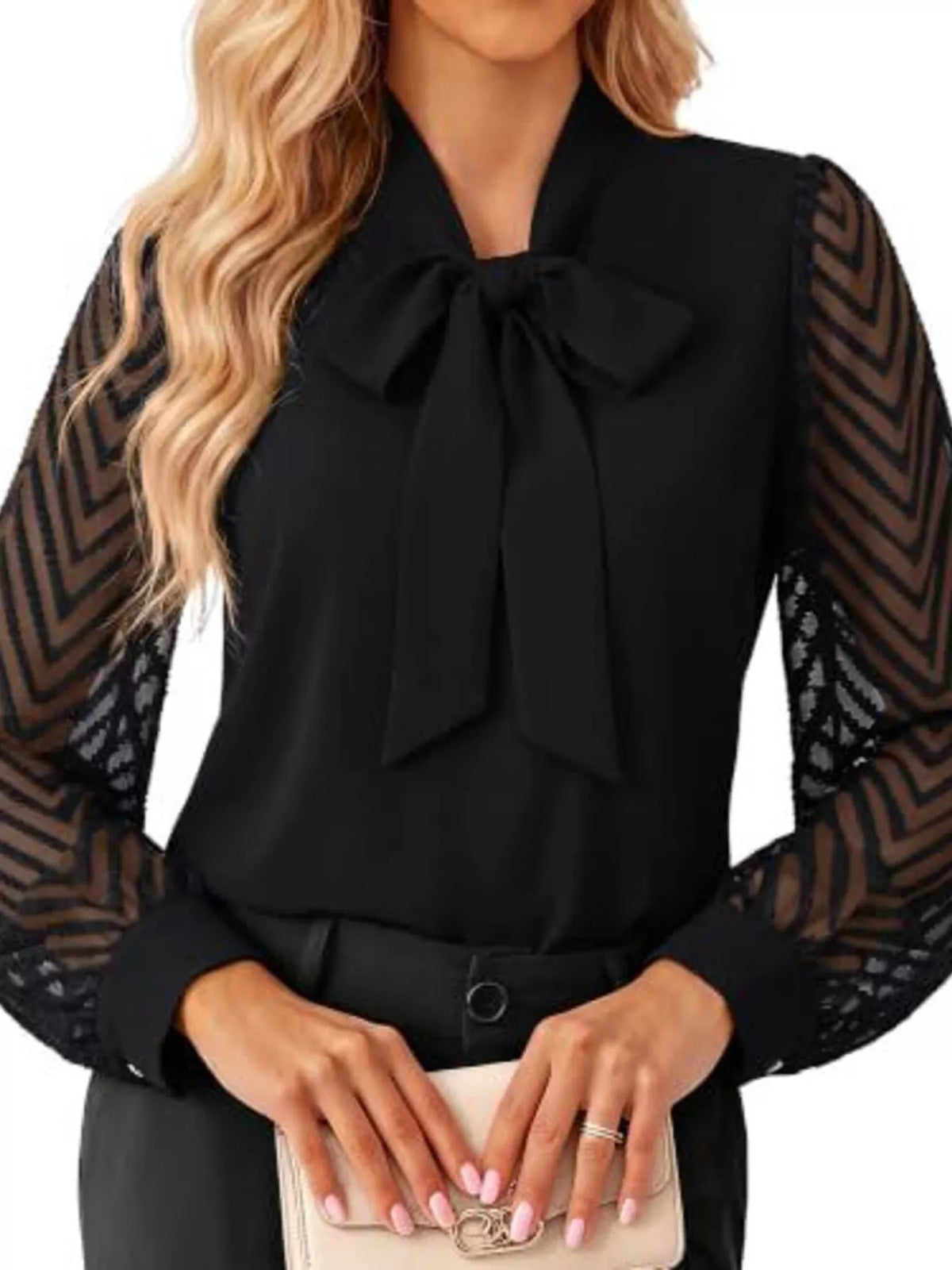 Bow-Tie Blouse with Sheer Chevron Long Sleeves | STAHlin RADIANCE