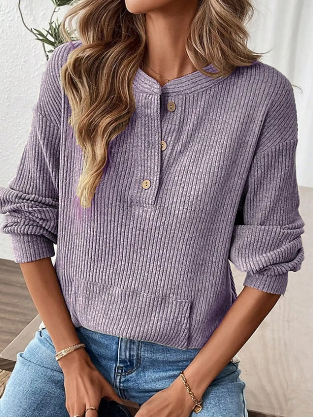 Ribbed Button Detail Long Sleeve T-Shirt | STAHlin RADIANCE