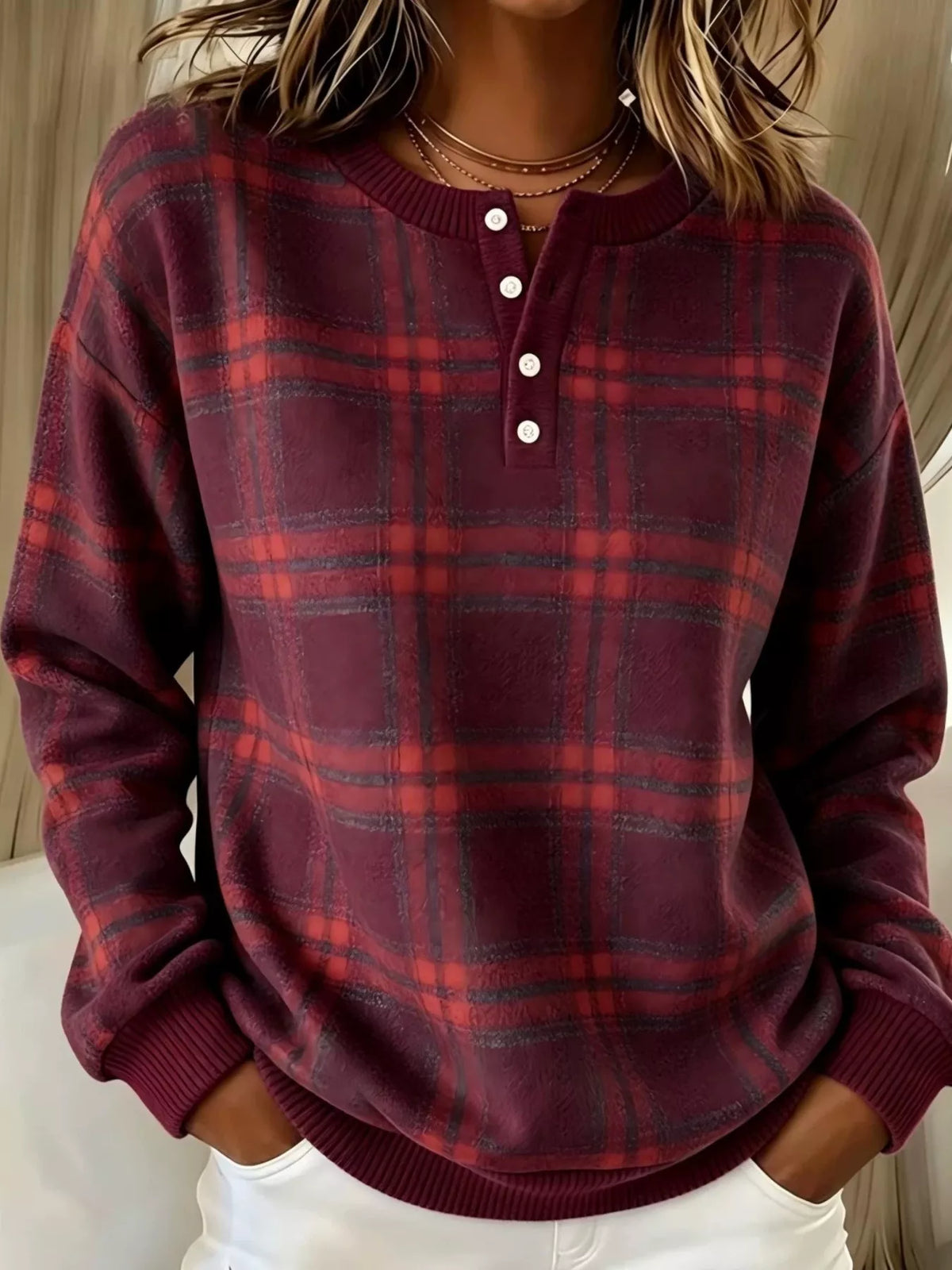Full Size Plaid Button Detail Long Sleeve Sweatshirt Plus Size | STAHlin RADIANCE