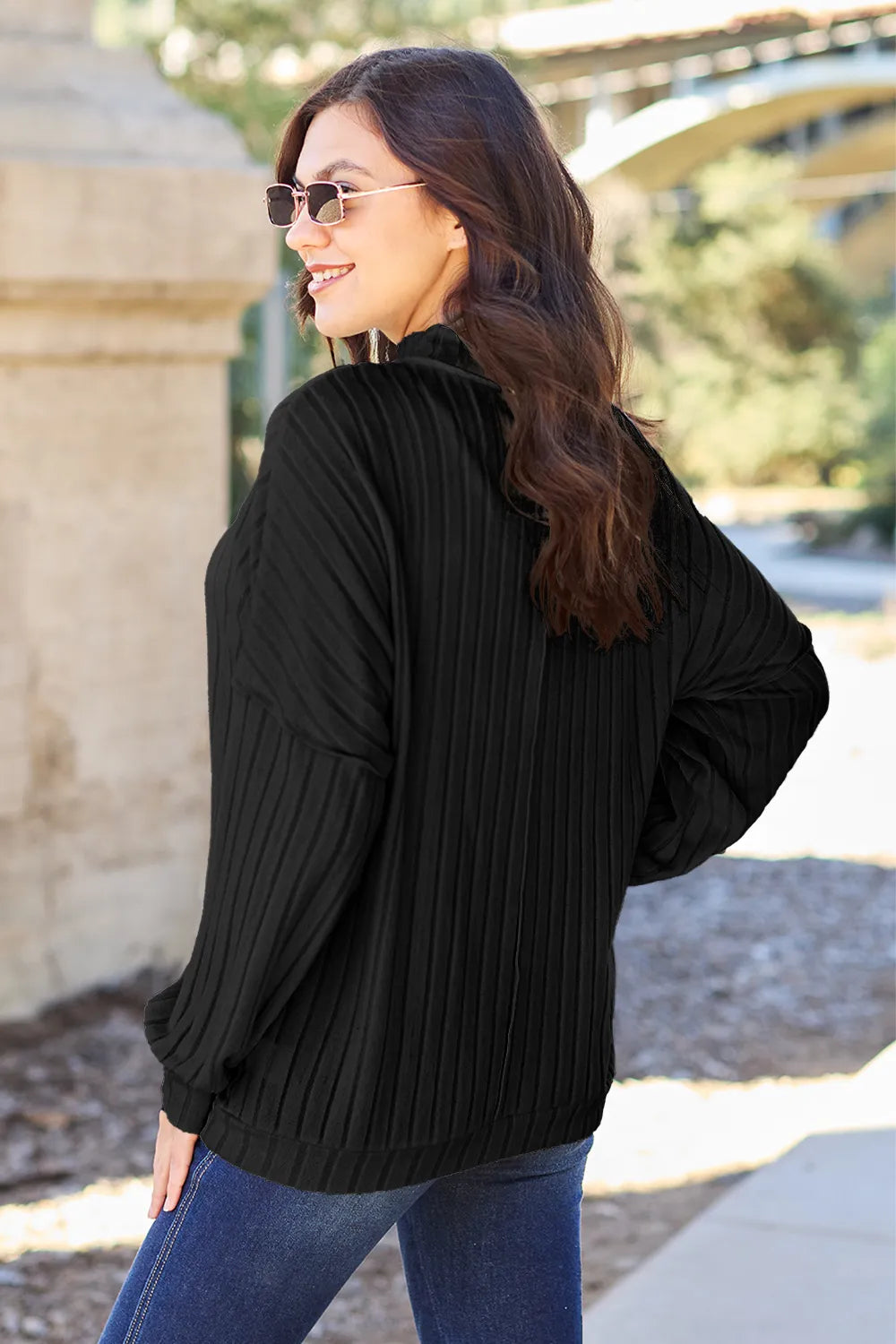 Basic Bae Full Size Ribbed Exposed Seam Mock Neck Knit Top | STAHlin RADIANCE