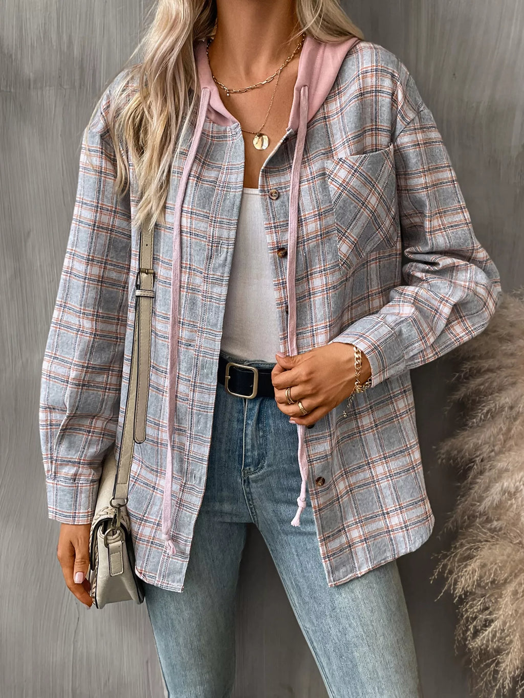 Plaid Button-Up Hooded Shirt with Chest Pocket | STAHlin RADIANCE