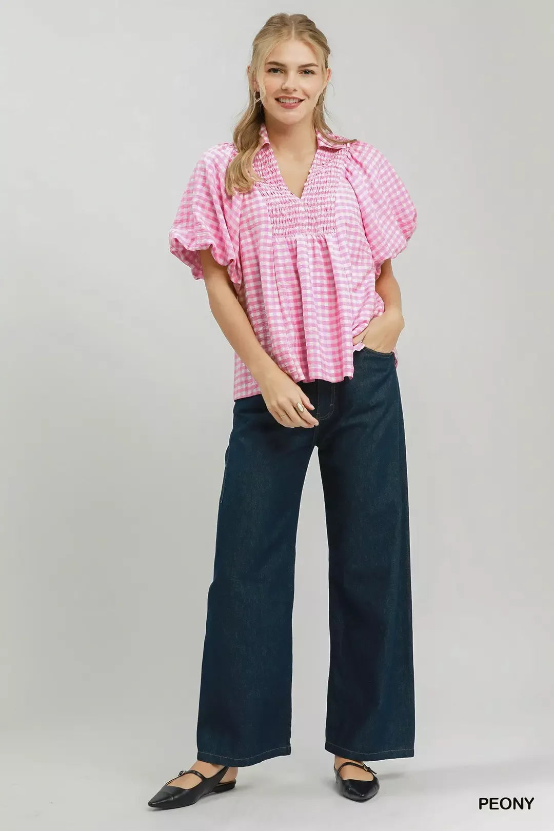Umgee Smocked Yoke Puff Sleeve Gingham Blouse | STAHlin RADIANCE