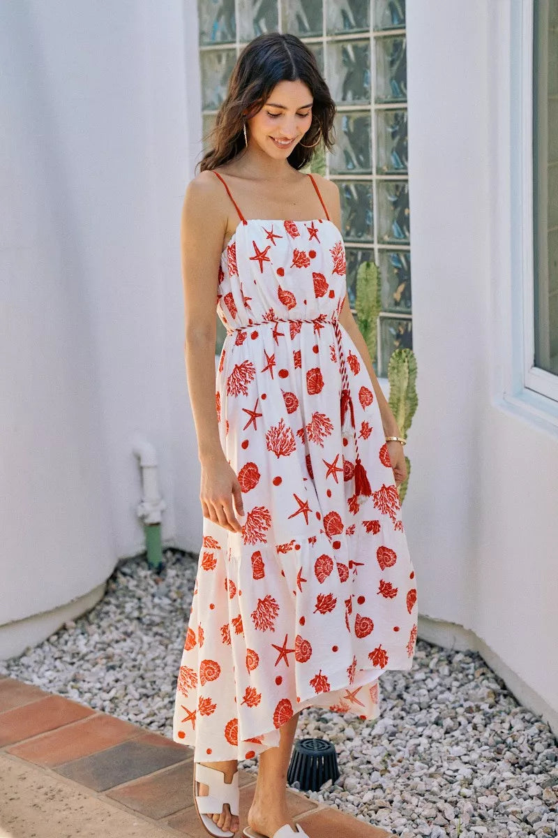 SO ME Shell Print Tiered Lined Midi Cami Dress With Belt | STAHlin RADIANCE