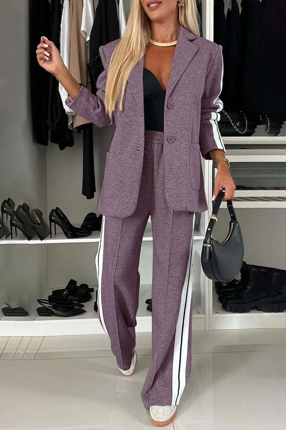 Full Size Contrast Lapel Collar Top and Pants Set | STAHlin RADIANCE