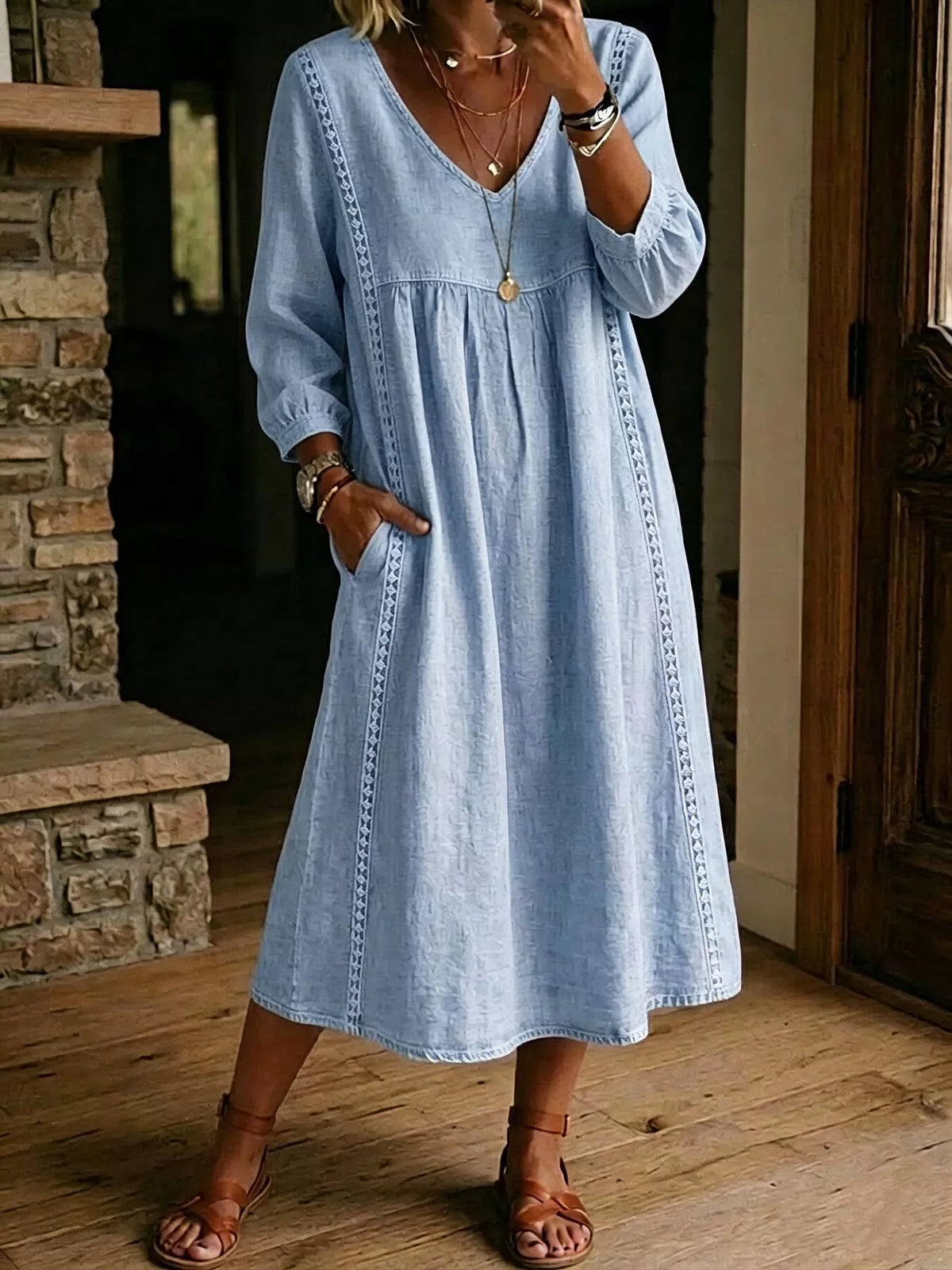 Full Size Lace Trim Long Sleeve Midi Dress Plus Size | STAHlin RADIANCE