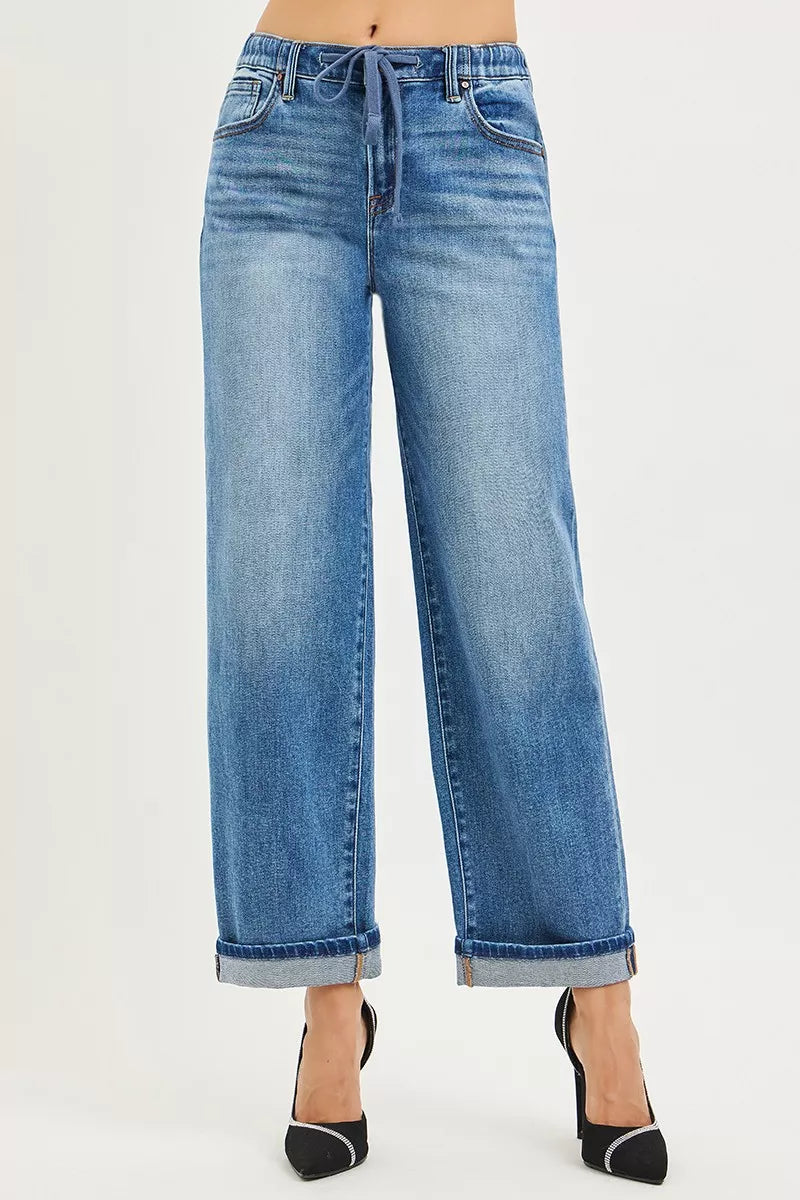 RISEN Elastic Band Slouch Ankle Boyfriend Cuffed Hem Jeans | STAHlin RADIANCE