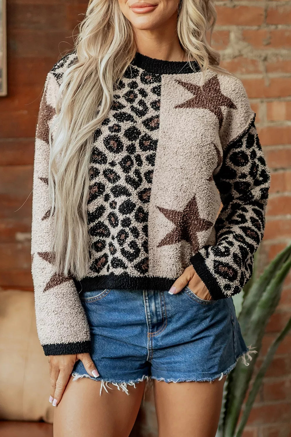 Leopard Star Pattern Round Neck Long Sleeve Shift Sweater | STAHlin RADIANCE