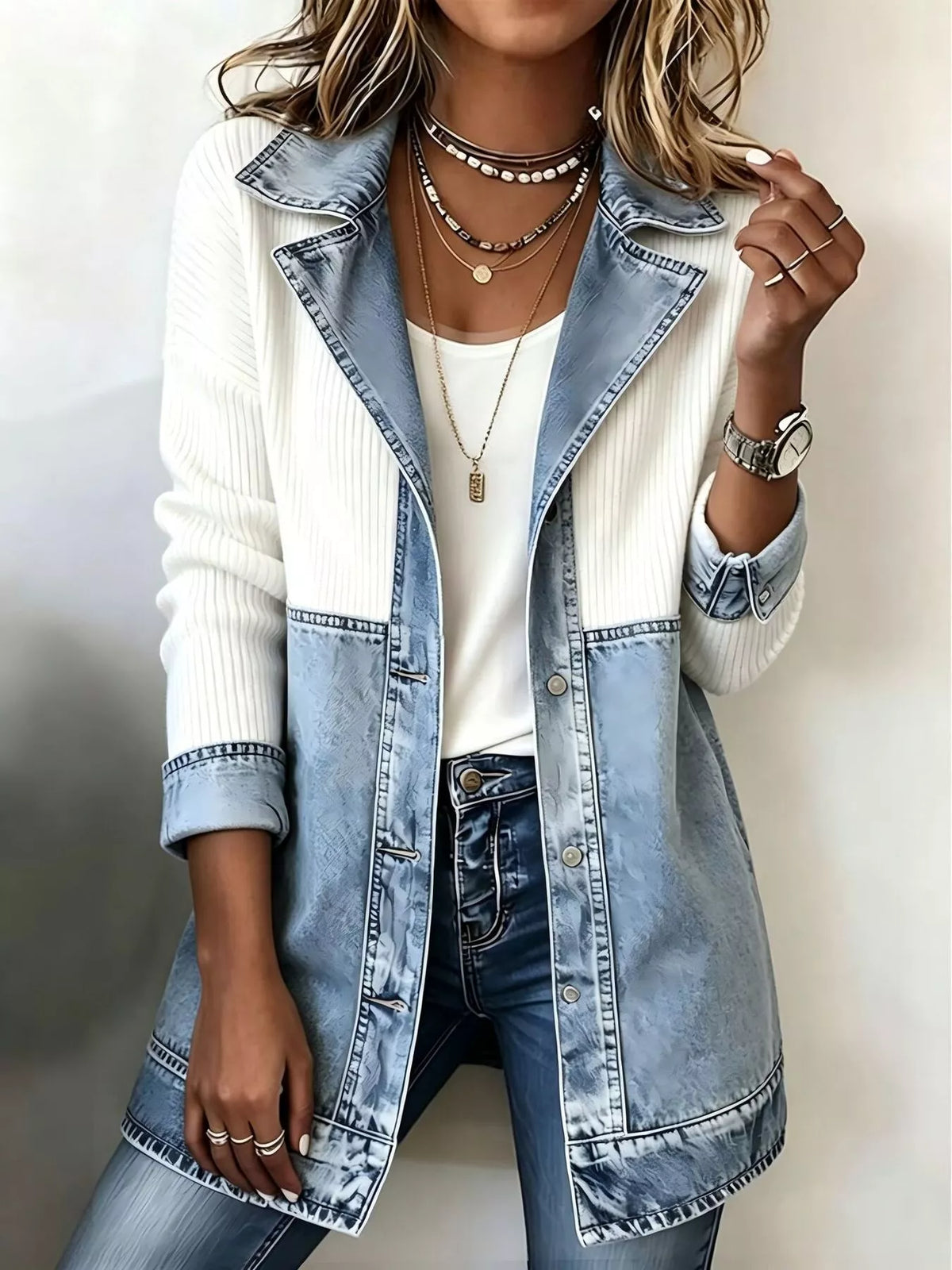 Color-Block Denim and Knit Patchwork Casual Jacket | STAHlin RADIANCE
