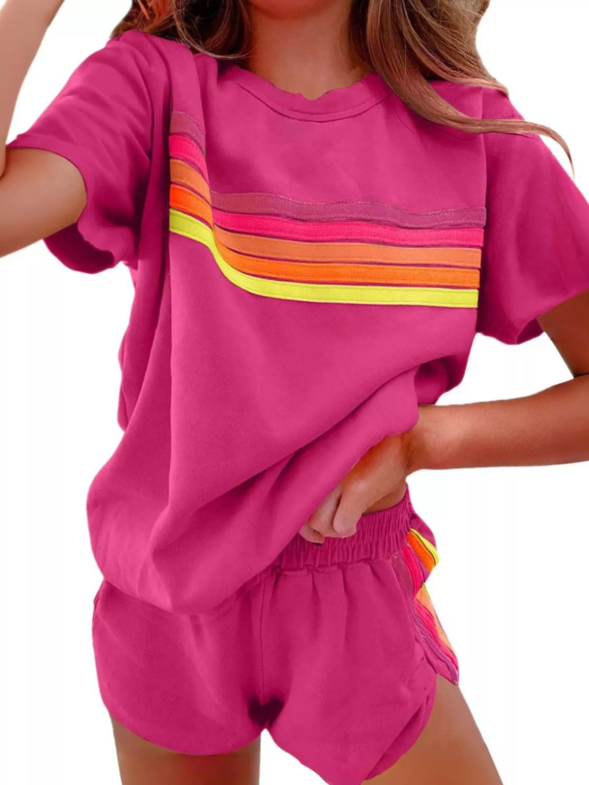 Rainbow Striped Round Neck Top and Shorts Set | STAHlin RADIANCE