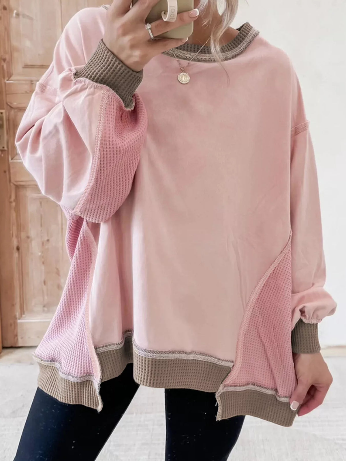 Color Block Mix Texture Waffle Patchwork Oversize Sweatshirt | STAHlin RADIANCE