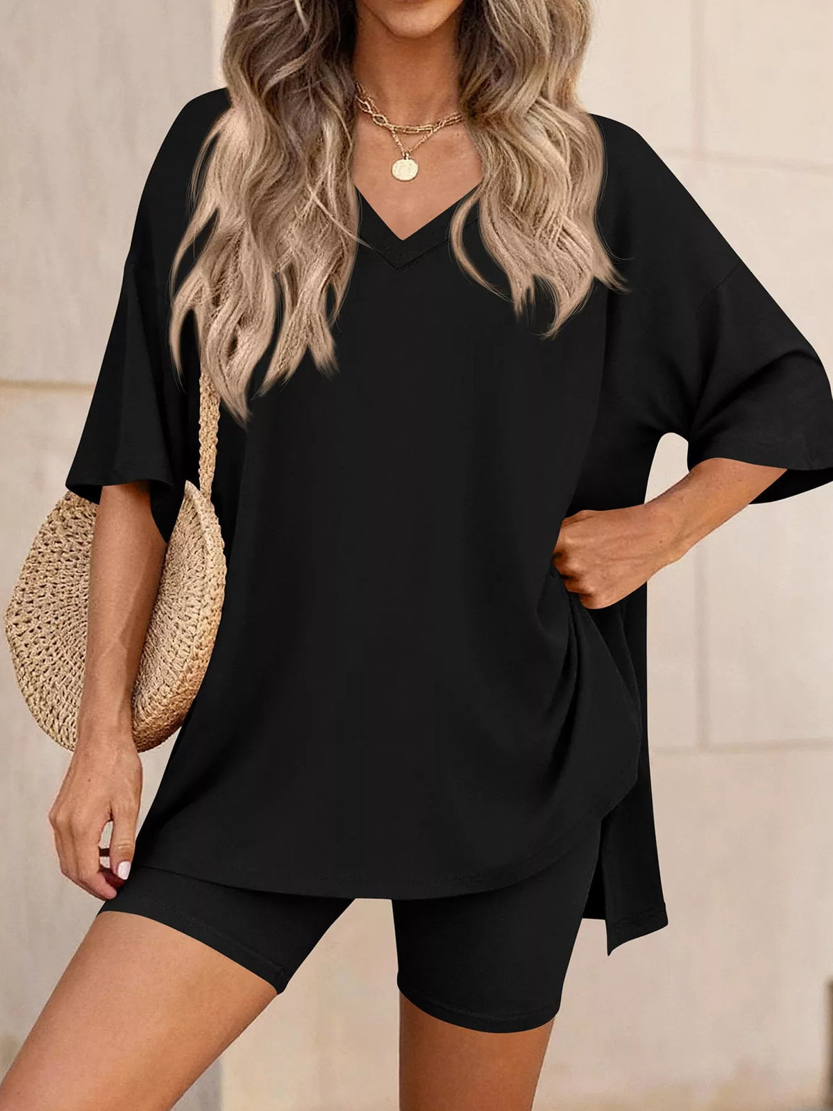 Full Size Casual Loose V-Neck T-Shirt & Shorts Set Plus Size | STAHlin RADIANCE