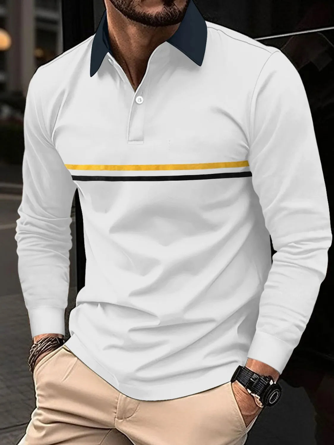 Men's Full Size Collared Neck Long Sleeve Polo Plus Size | STAHlin RADIANCE
