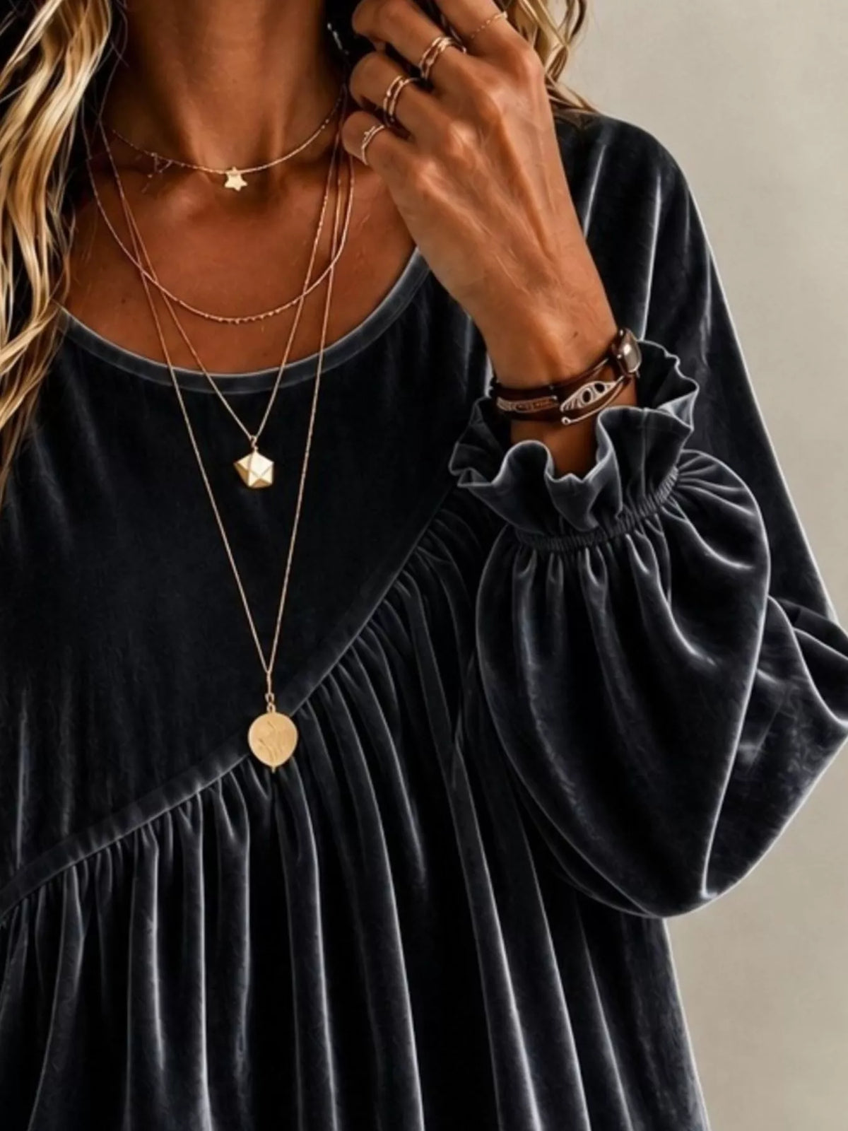Full Size Velvet Round Neck Long Sleeve Blouse Plus Size | STAHlin RADIANCE
