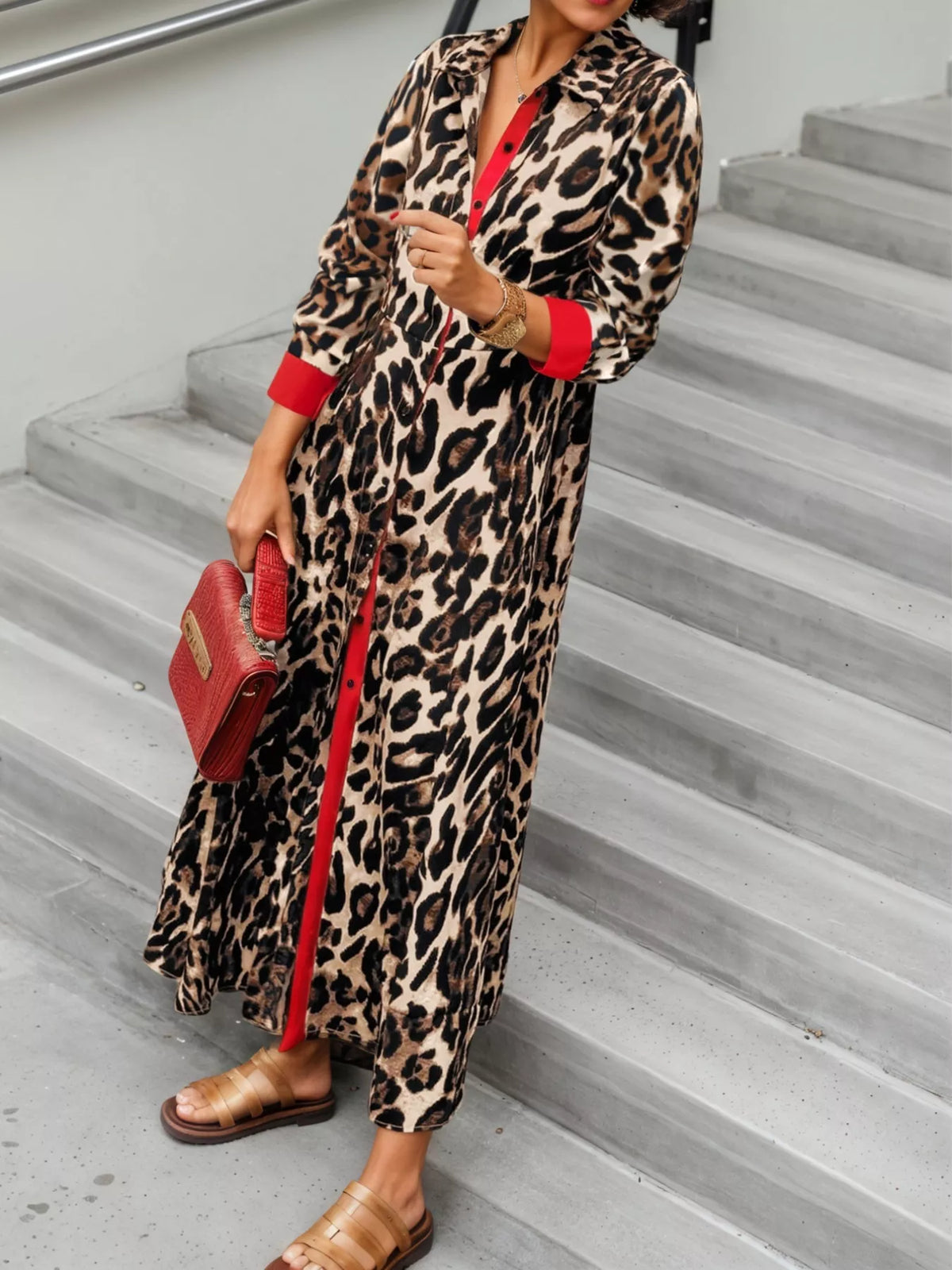 Leopard Print Long Sleeve Shirt Dress with Contrast Trim | STAHlin RADIANCE