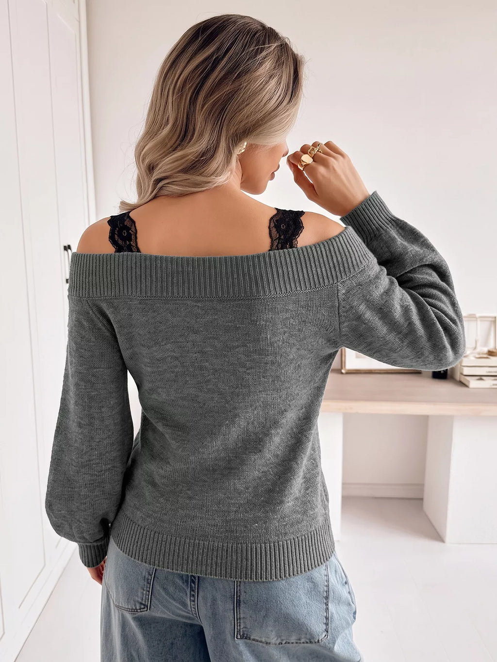 Off-Shoulder Lace Trim Sweater | STAHlin RADIANCE