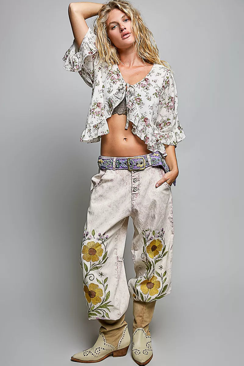 POL Ruffle Tie Front Cropped Floral Woven Flutter Sleeve Top | STAHlin RADIANCE