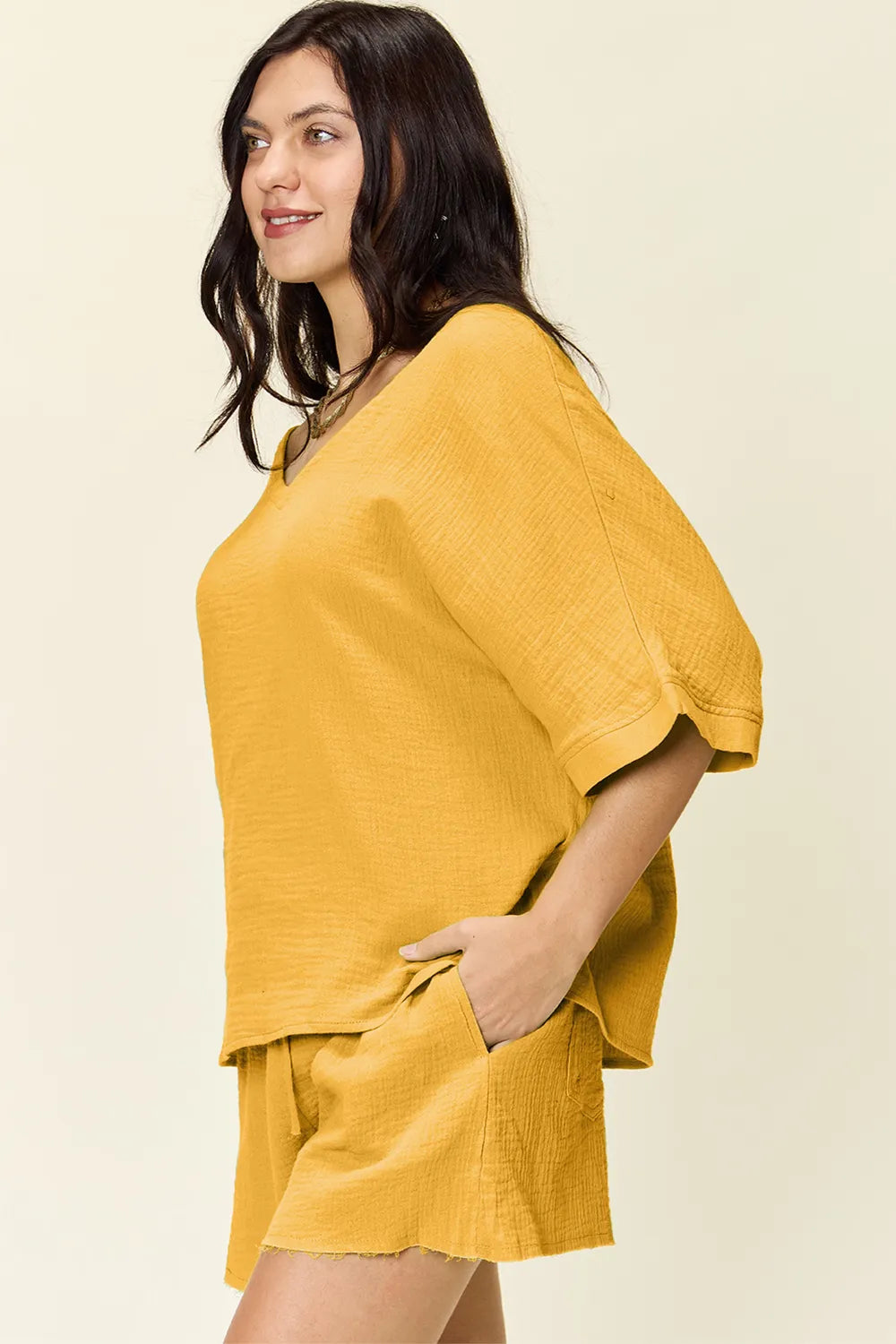 Double Take Texture Half Sleeve T-Shirt and Drawstring Shorts Set | STAHlin RADIANCE