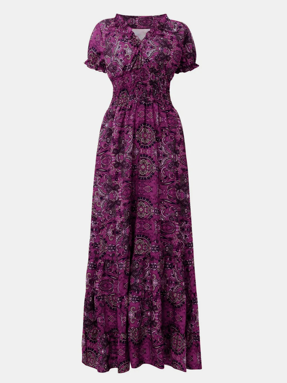 Full Size Smocked Printed V-Neck Short Sleeve Dress | STAHlin RADIANCE