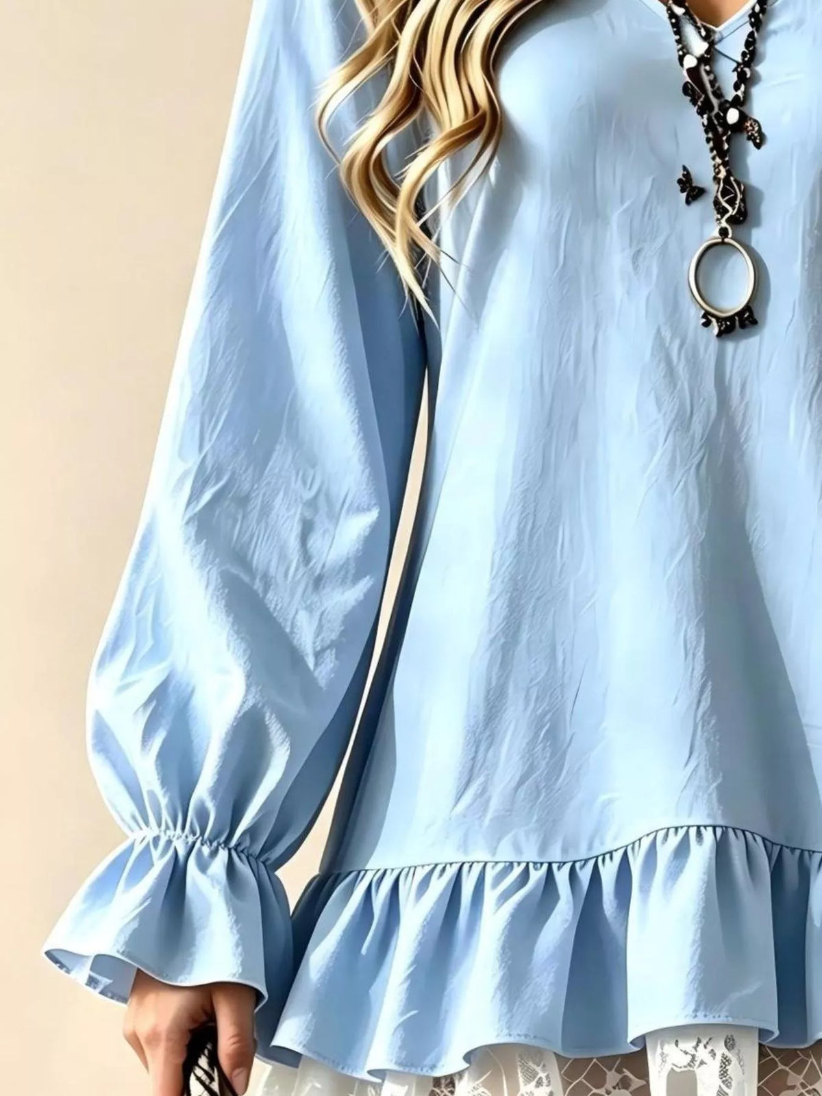 V-Neck Long Sleeve Ruffle Hem Lace Detail Dress | STAHlin RADIANCE