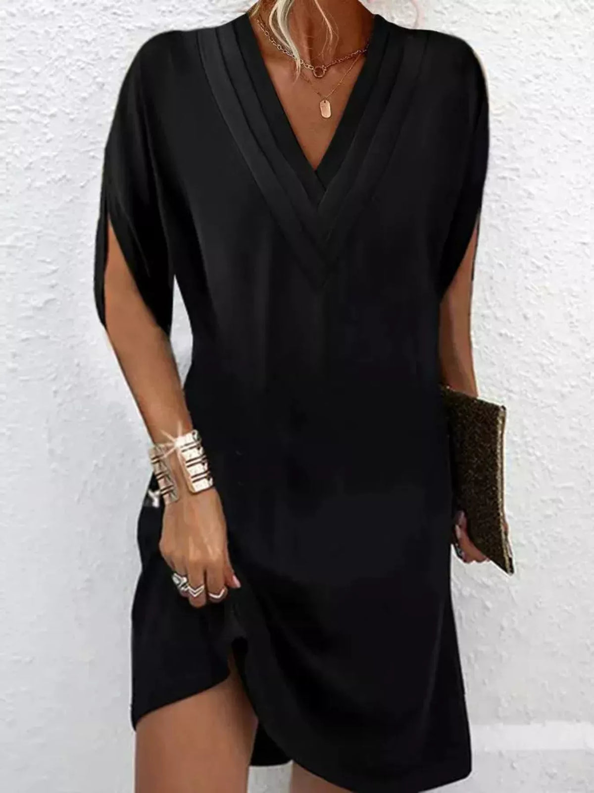 Full Size V-Neck Slit Sleeve Mini Dress Plus Size | STAHlin RADIANCE