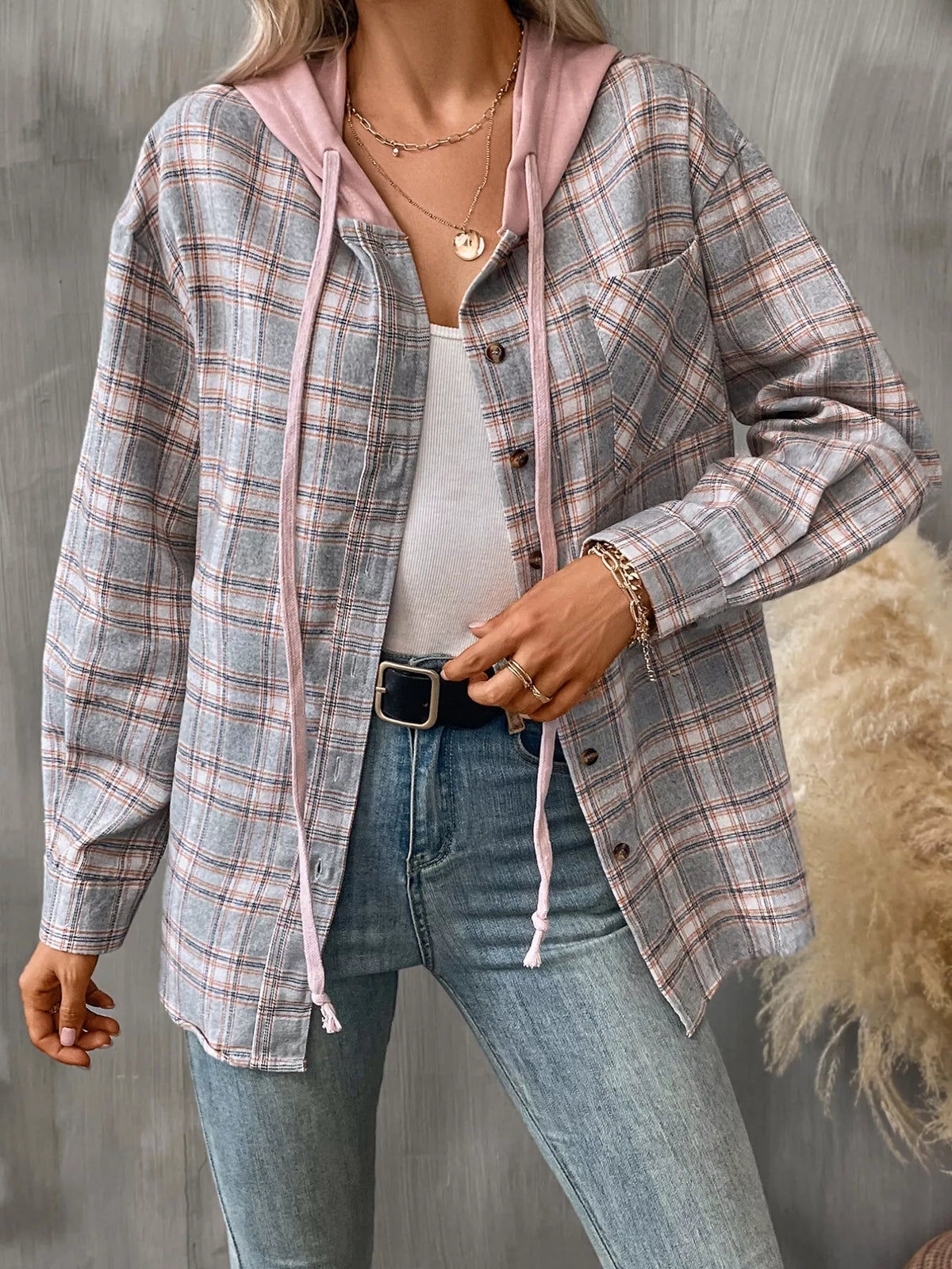 Plaid Button-Up Hooded Shirt with Chest Pocket | STAHlin RADIANCE