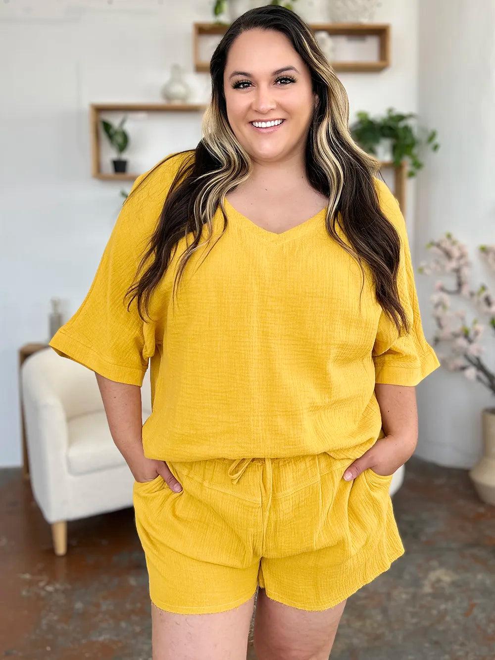 Double Take Texture Half Sleeve T-Shirt and Drawstring Shorts Set | STAHlin RADIANCE
