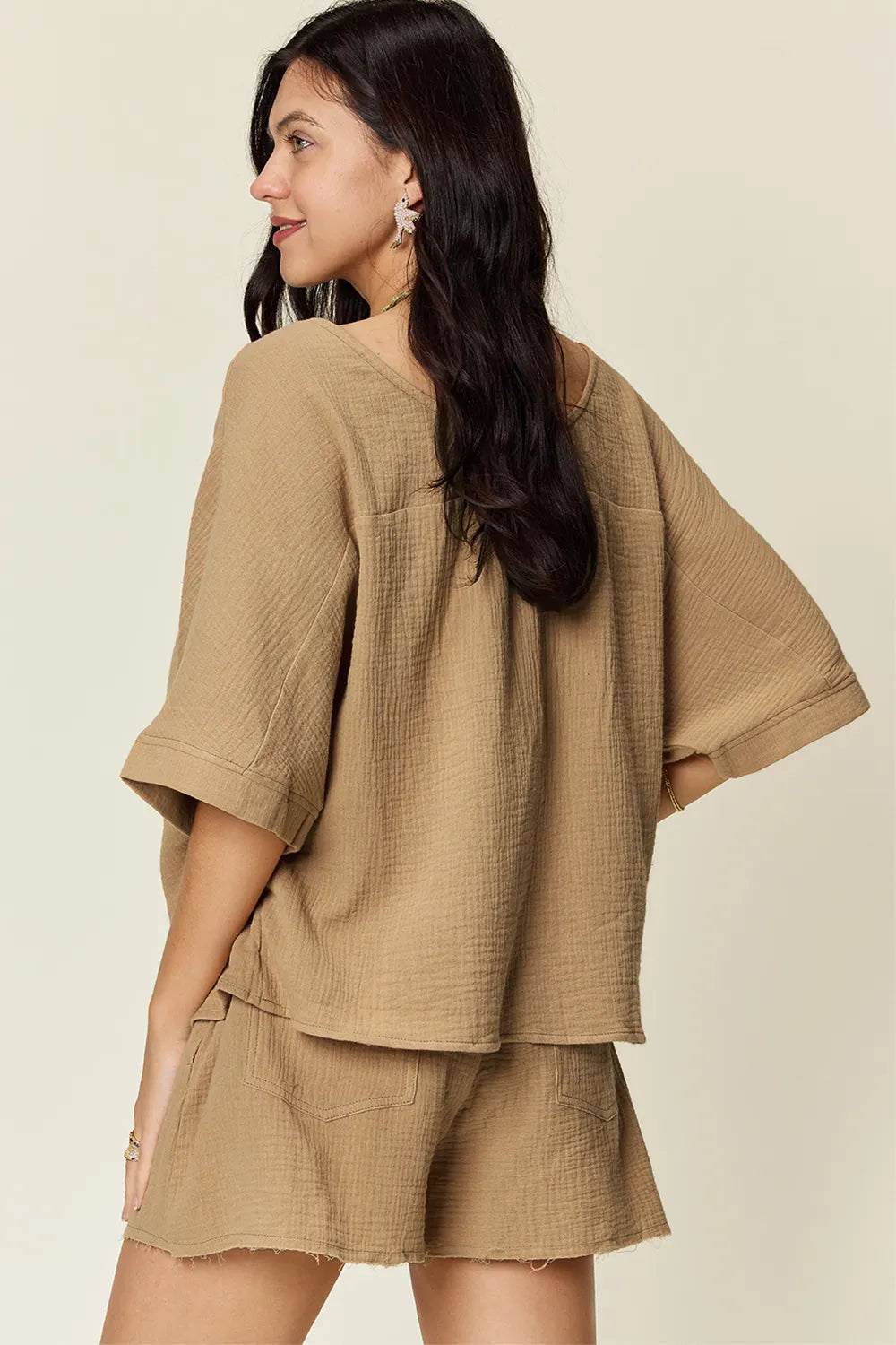 Double Take Texture Half Sleeve T-Shirt and Drawstring Shorts Set | STAHlin RADIANCE