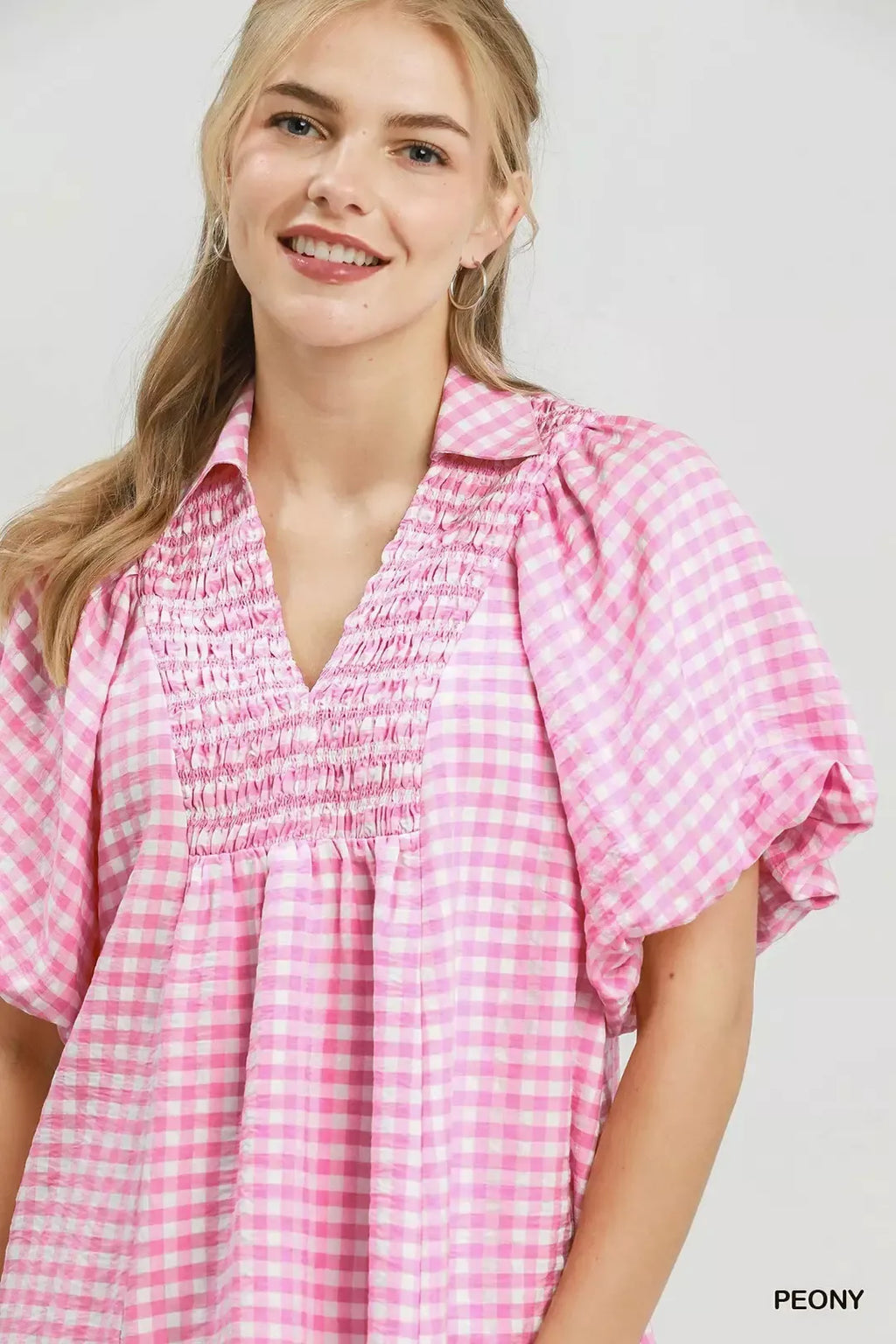 Umgee Smocked Yoke Puff Sleeve Gingham Blouse | STAHlin RADIANCE